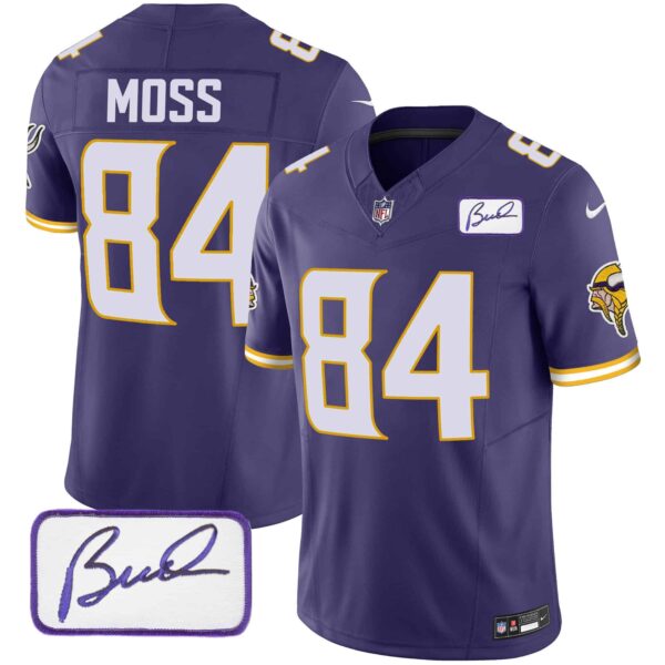 Men’s Vikings Bud Grant Patch Classic Limited Jersey V4 – All Stitched – Purple – Randy Moss