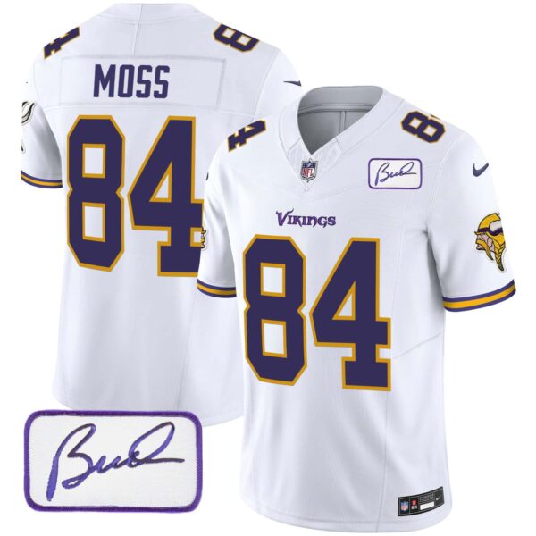 Men’s Vikings Bud Grant Patch Classic Limited Jersey V6 – All Stitched – White – Randy Moss