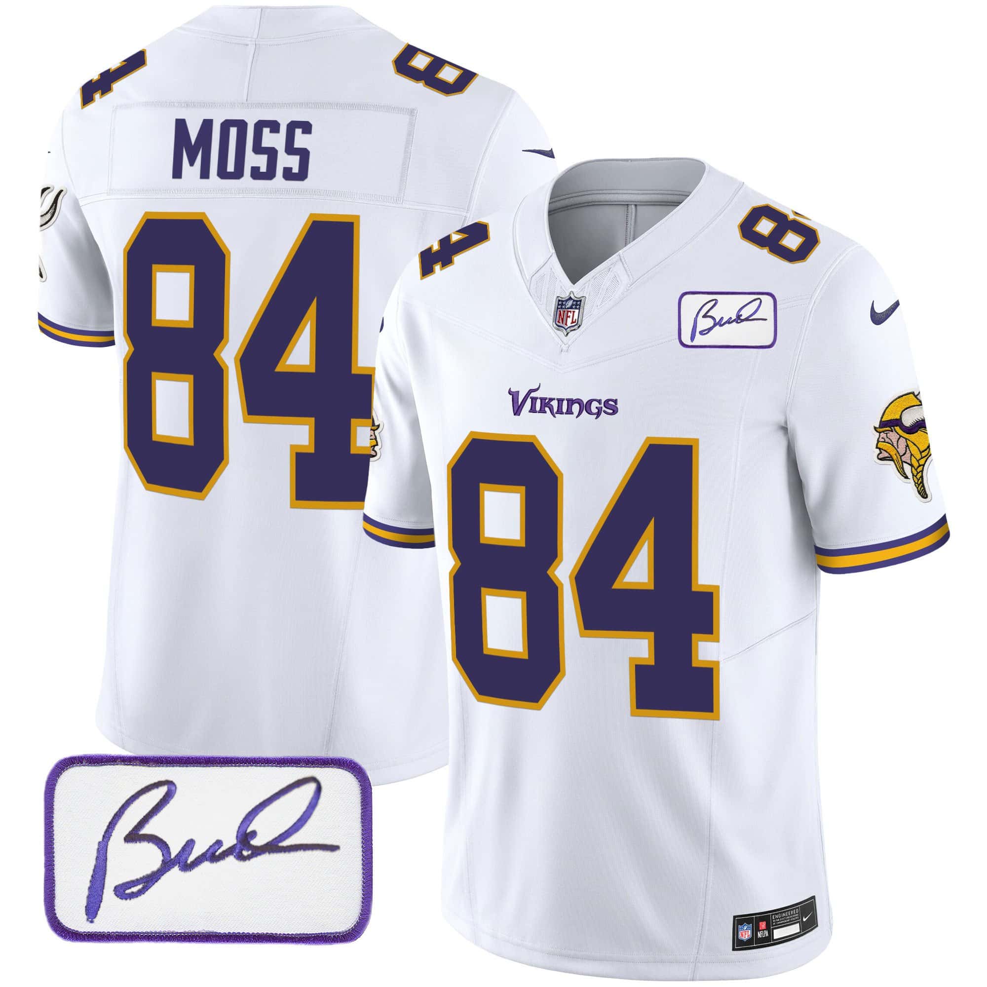 Men’s Vikings Bud Grant Patch Classic Limited Jersey V6 – All Stitched – White – Randy Moss