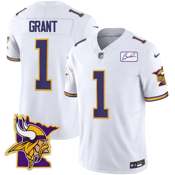 Men’s Vikings Bud Grant Patch Classic Limited Jersey V5 – All Stitched – White – Bud Grant