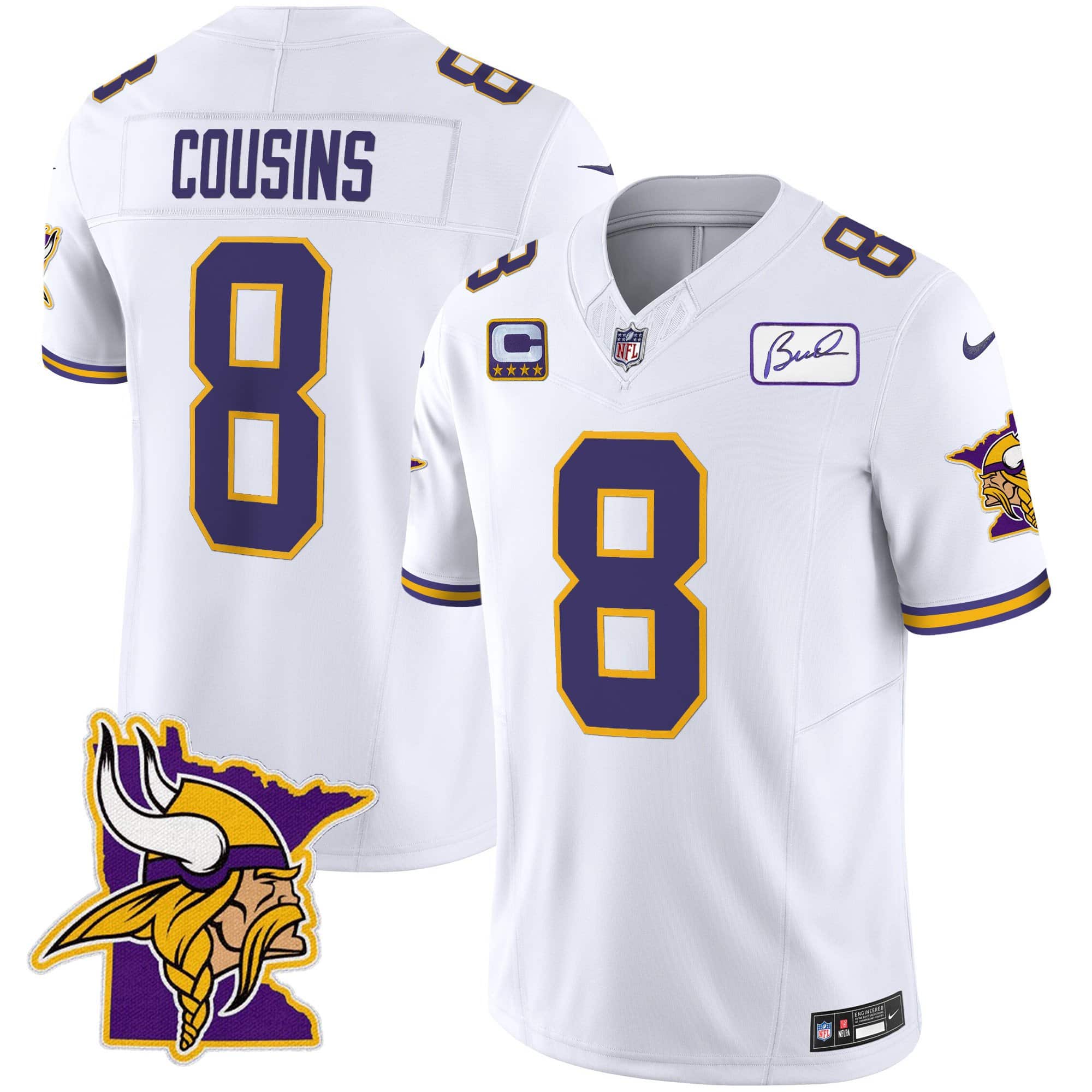 Men’s Vikings Bud Grant Patch Classic Limited Jersey V5 – All Stitched – White – Kirk Cousins