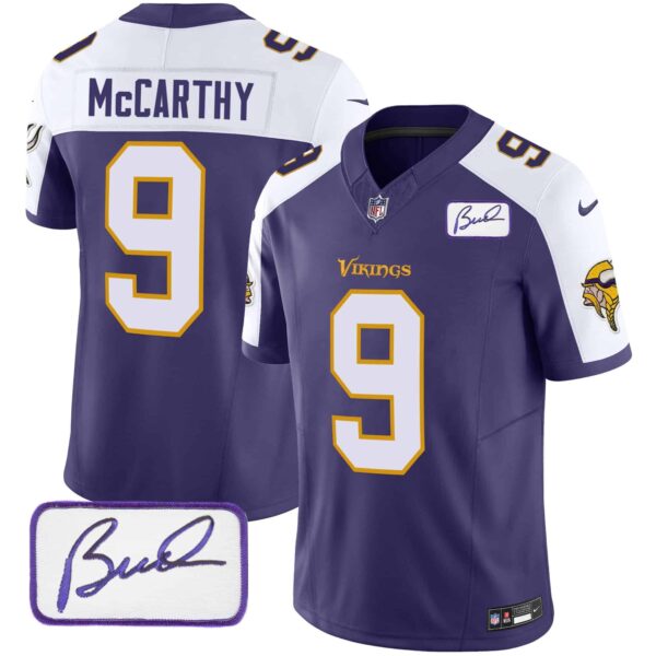 Men’s Vikings Bud Grant Patch Classic Limited Jersey V6 – All Stitched – Purple Alternate – J.J. McCarthy