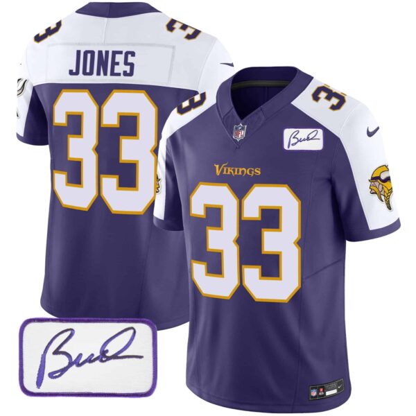 Men’s Vikings Bud Grant Patch Classic Limited Jersey V6 – All Stitched – Purple Alternate – Aaron Jones