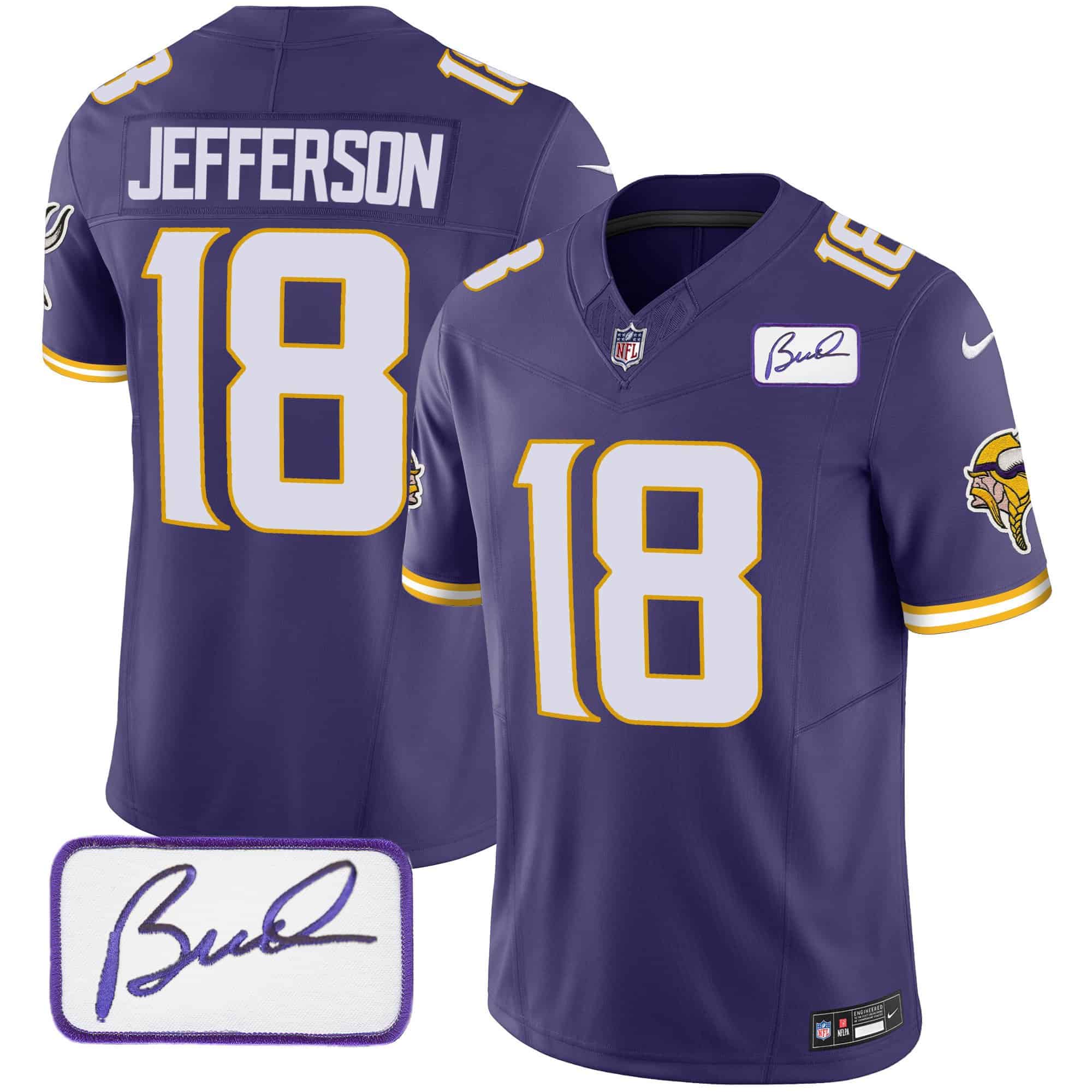 Men’s Vikings Bud Grant Patch Classic Limited Jersey V4 – All Stitched – Purple – Justin Jefferson