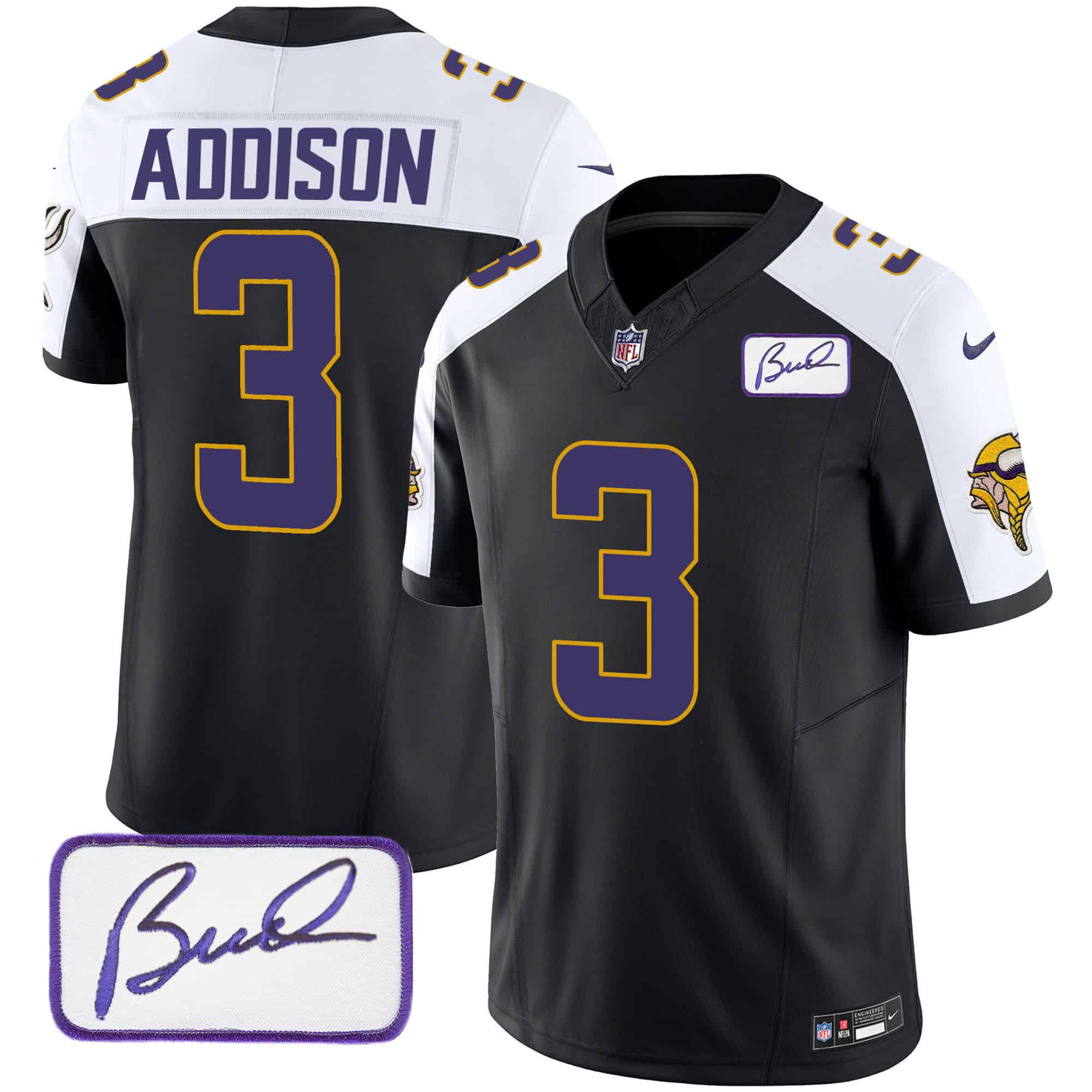 Men’s Vikings Bud Grant Patch Classic Limited Jersey V4 – All Stitched – Black Alternate – Jordan Addison