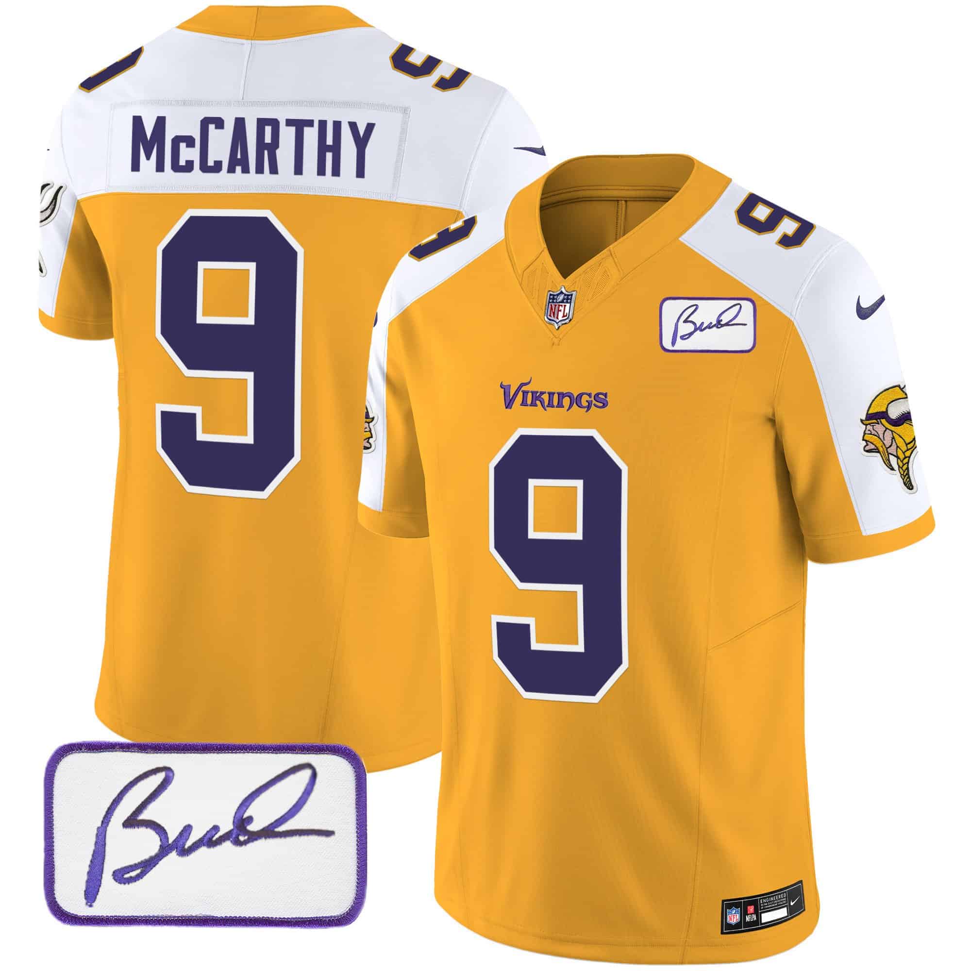 Men’s Vikings Bud Grant Patch Classic Limited Jersey V6 – All Stitched – Gold Alternate – J.J. McCarthy