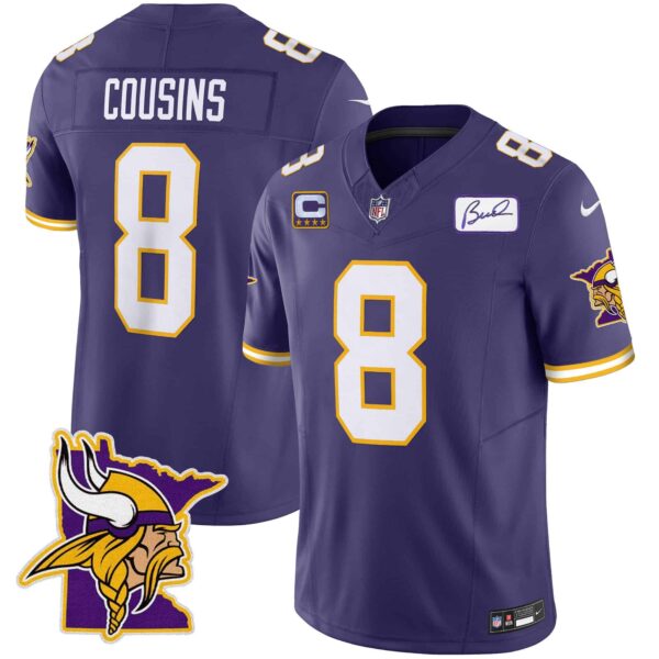 Men’s Vikings Bud Grant Patch Classic Limited Jersey V5 – All Stitched – Purple – Kirk Cousins
