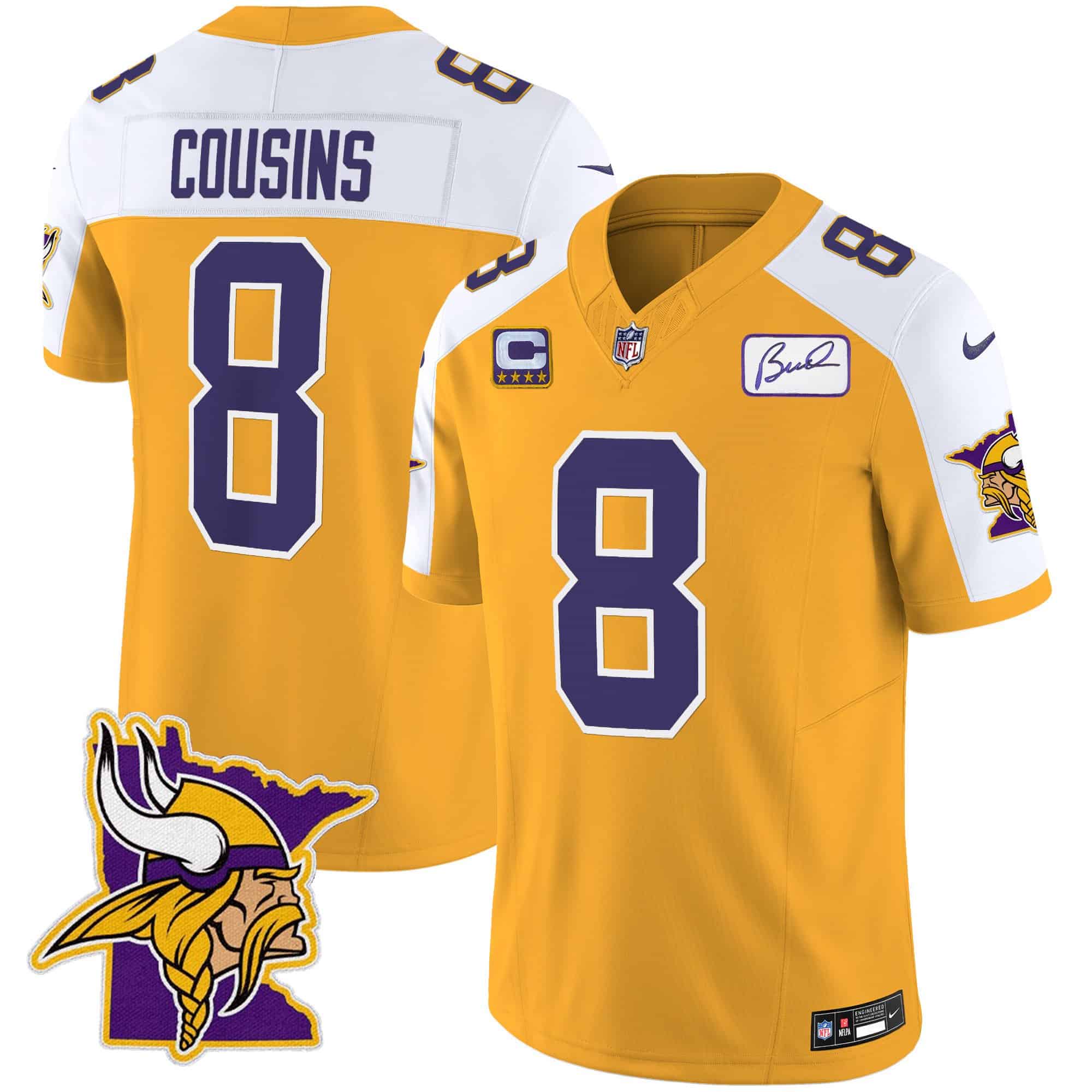 Men’s Vikings Bud Grant Patch Classic Limited Jersey V5 – All Stitched – Gold Alternate – Kirk Cousins
