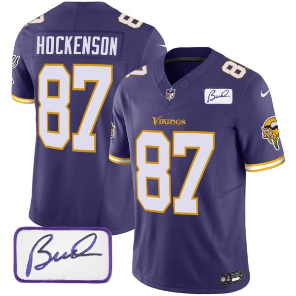 Men’s Vikings Bud Grant Patch Classic Limited Jersey V6 – All Stitched – Purple – T.J. Hockenson