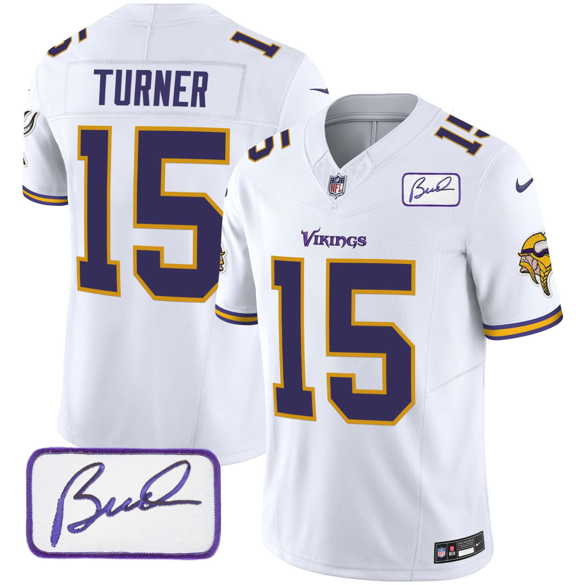 Men’s Vikings Bud Grant Patch Classic Limited Jersey V6 – All Stitched – White – Dallas Turner