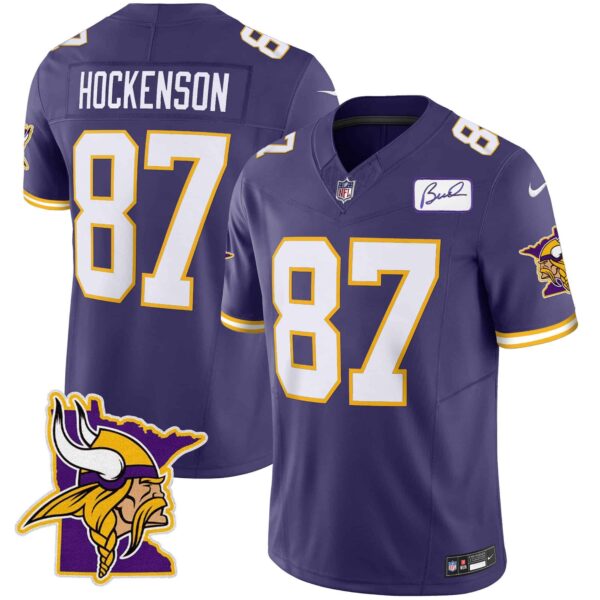 Men’s Vikings Bud Grant Patch Classic Limited Jersey V5 – All Stitched – Purple – T.J. Hockenson