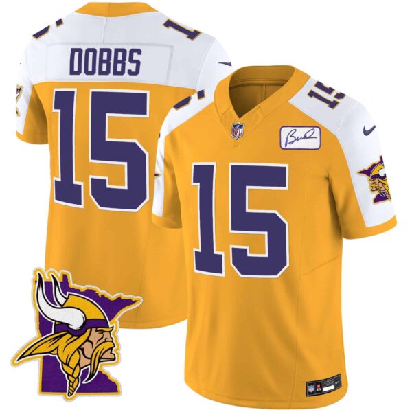 Men’s Vikings Bud Grant Patch Classic Limited Jersey V5 – All Stitched – Gold Alternate – Joshua Dobbs