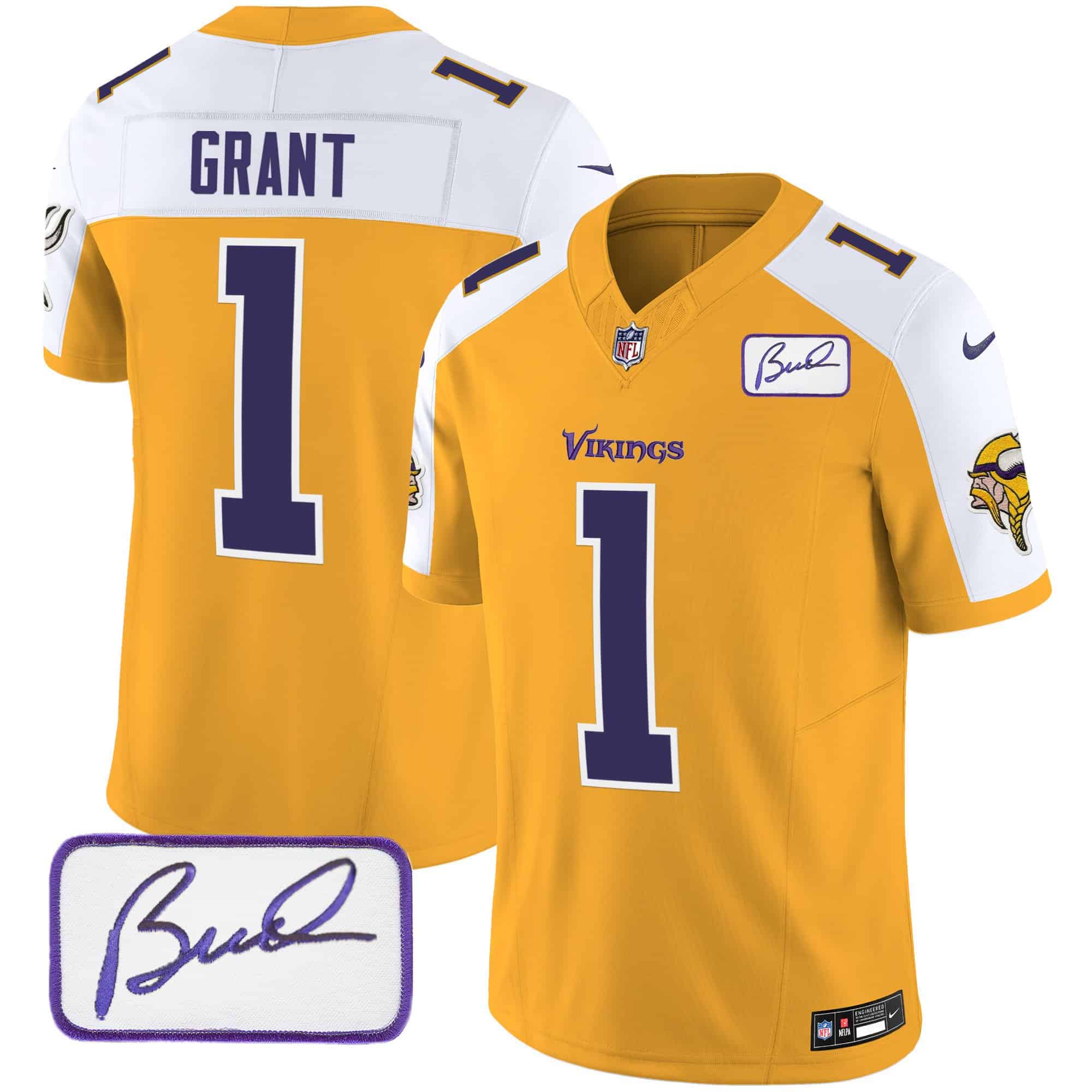 Men’s Vikings Bud Grant Patch Classic Limited Jersey V6 – All Stitched – Gold Alternate – Bud Grant