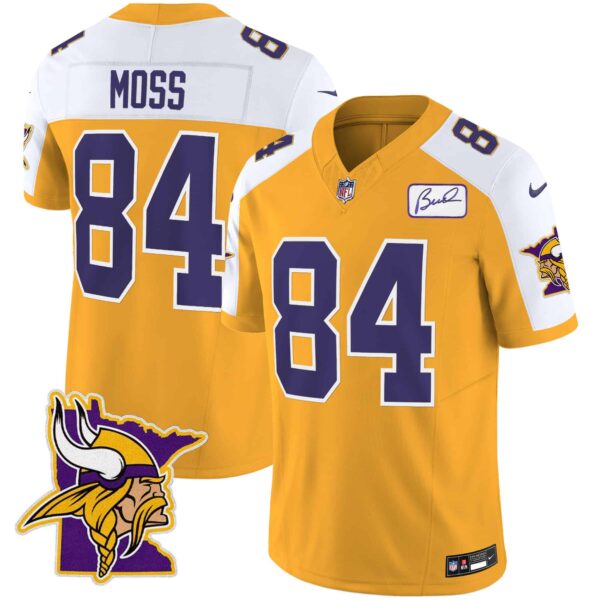 Men’s Vikings Bud Grant Patch Classic Limited Jersey V5 – All Stitched – Gold Alternate – Randy Moss