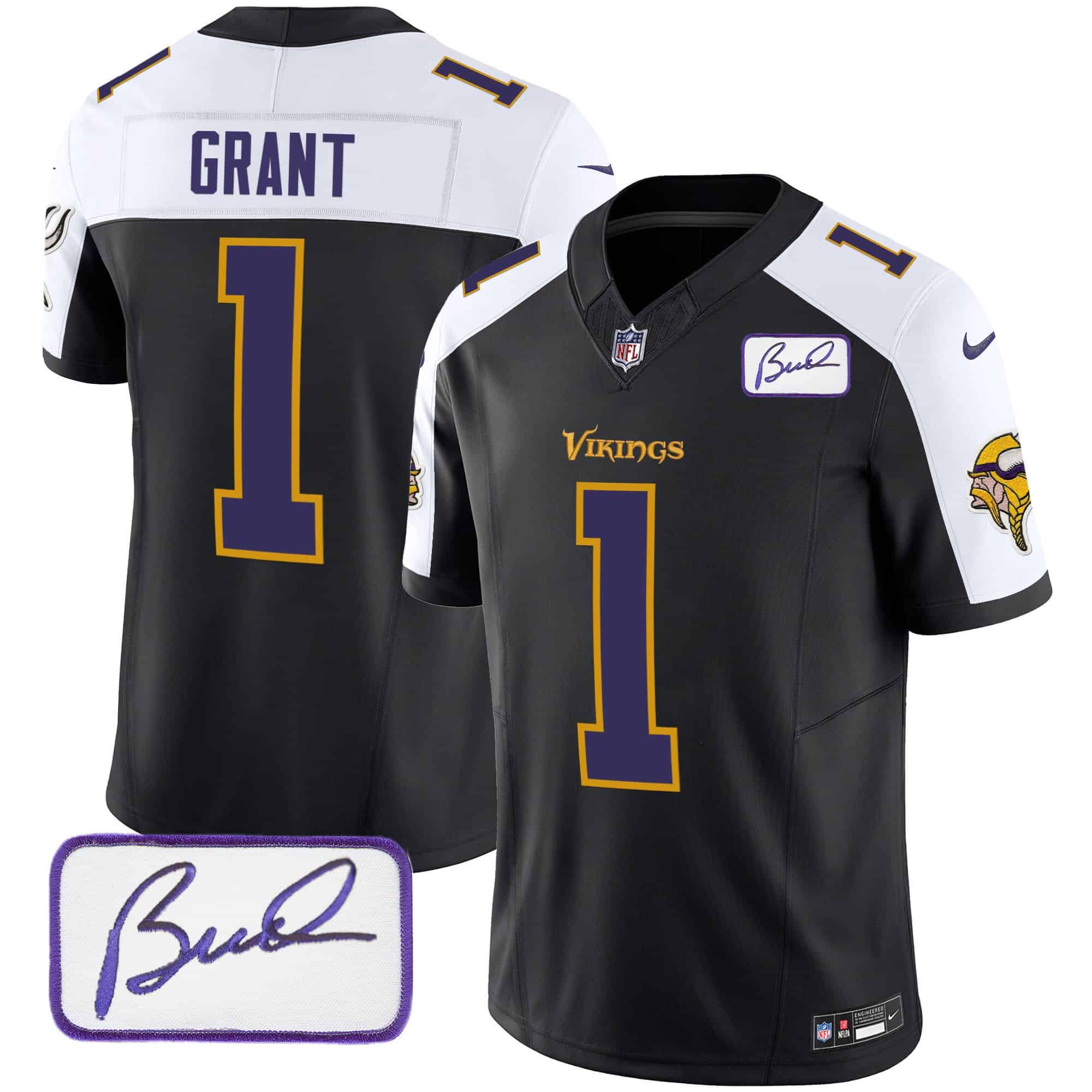 Men’s Vikings Bud Grant Patch Classic Limited Jersey V6 – All Stitched – Black Alternate – Bud Grant