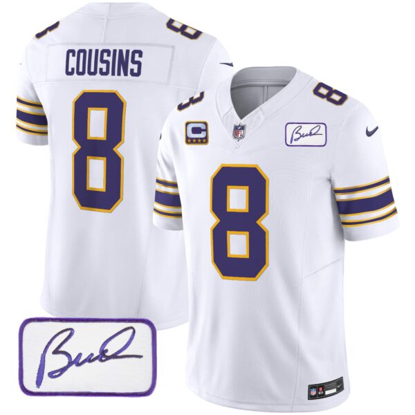 Men’s Vikings Bud Grant Patch Classic Limited Jersey – All Stitched – White – Kirk Cousins