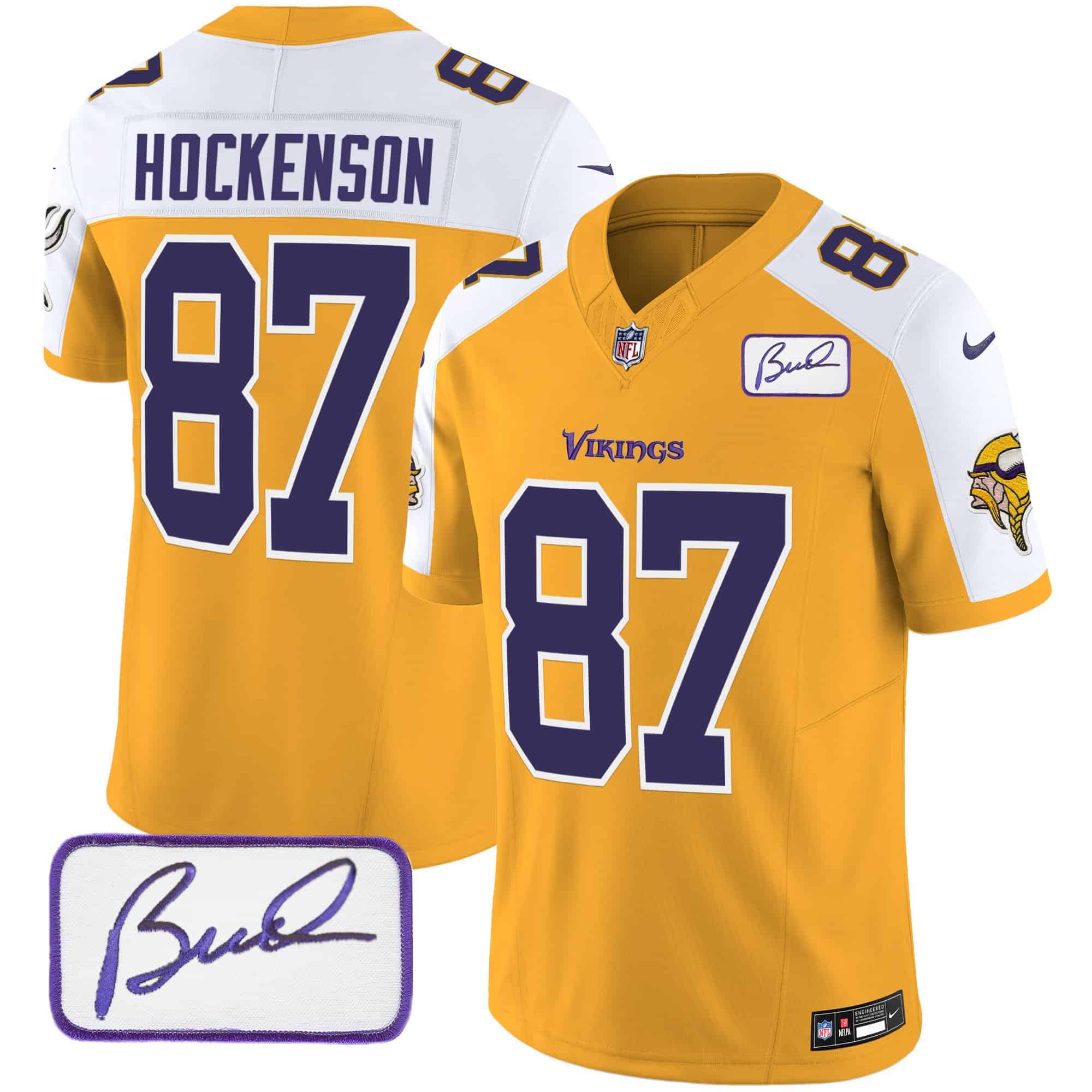 Men’s Vikings Bud Grant Patch Classic Limited Jersey V6 – All Stitched – Gold Alternate – T.J. Hockenson