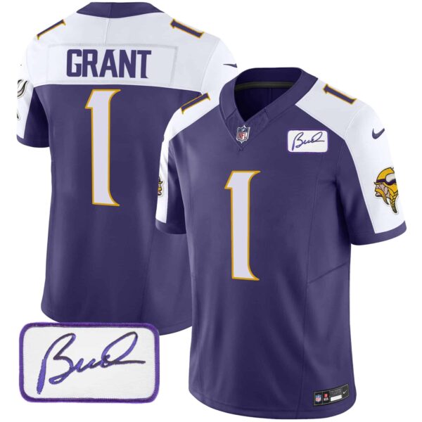 Men’s Vikings Bud Grant Patch Classic Limited Jersey V4 – All Stitched – Purple Alternate – Bud Grant