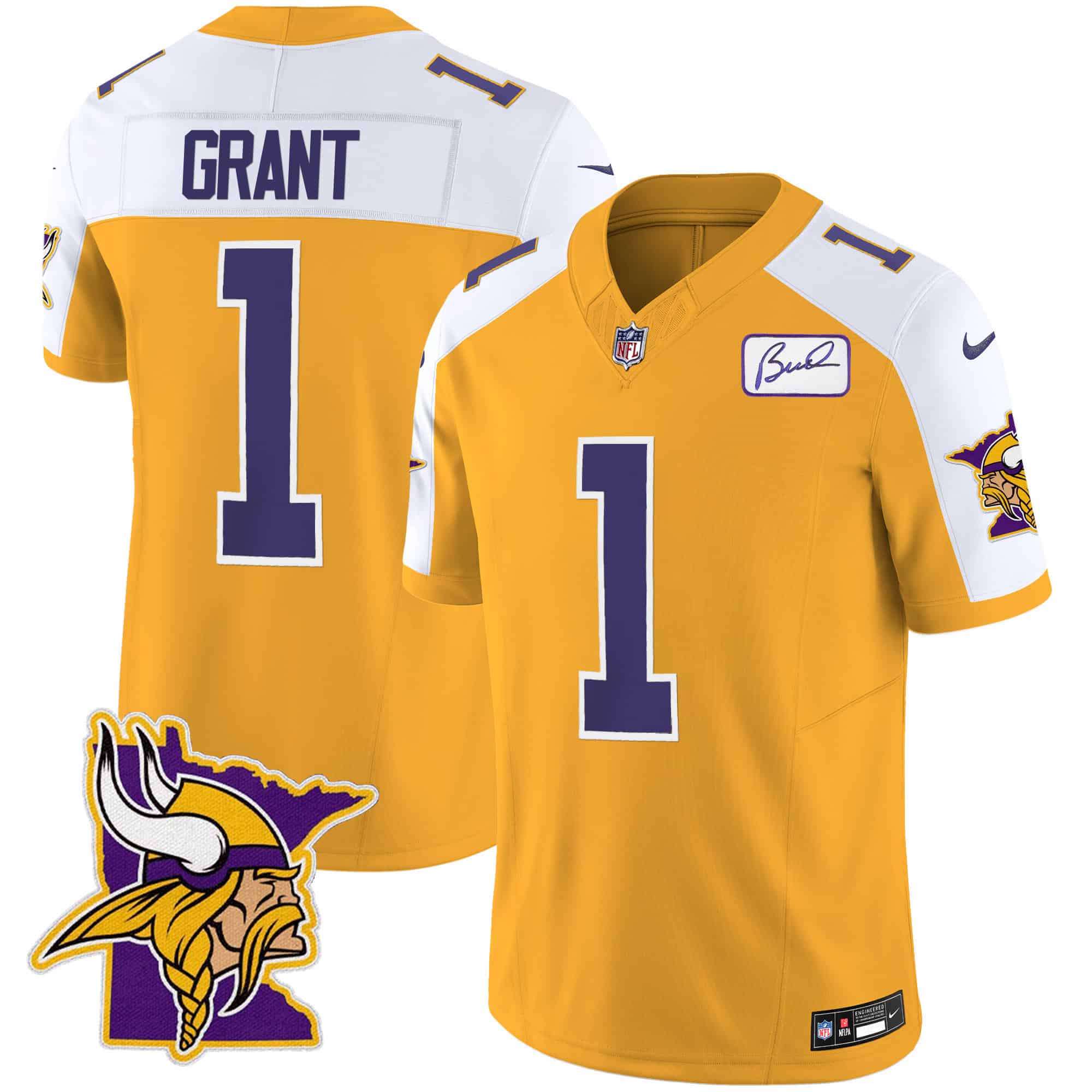 Men’s Vikings Bud Grant Patch Classic Limited Jersey V5 – All Stitched – Gold Alternate – Bud Grant