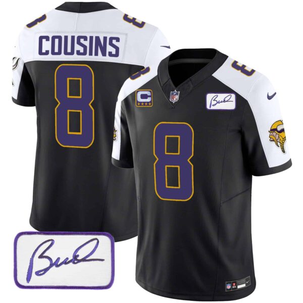 Men’s Vikings Bud Grant Patch Classic Limited Jersey V4 – All Stitched – Black Alternate – Kirk Cousins