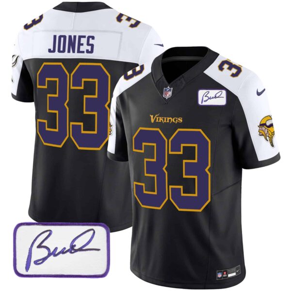 Men’s Vikings Bud Grant Patch Classic Limited Jersey V6 – All Stitched – Black Alternate – Aaron Jones