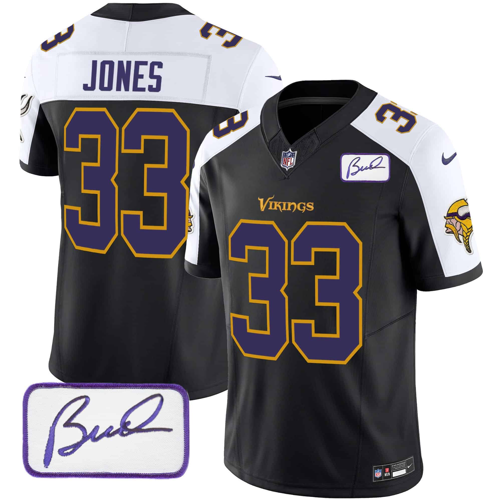 Men’s Vikings Bud Grant Patch Classic Limited Jersey V6 – All Stitched – Black Alternate – Aaron Jones