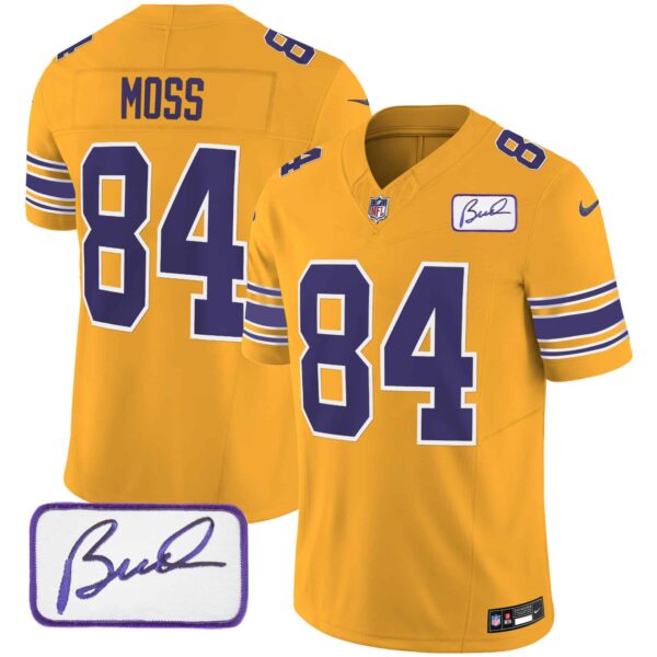 Men’s Vikings Bud Grant Patch Classic Limited Jersey – All Stitched – Gold – Randy Moss