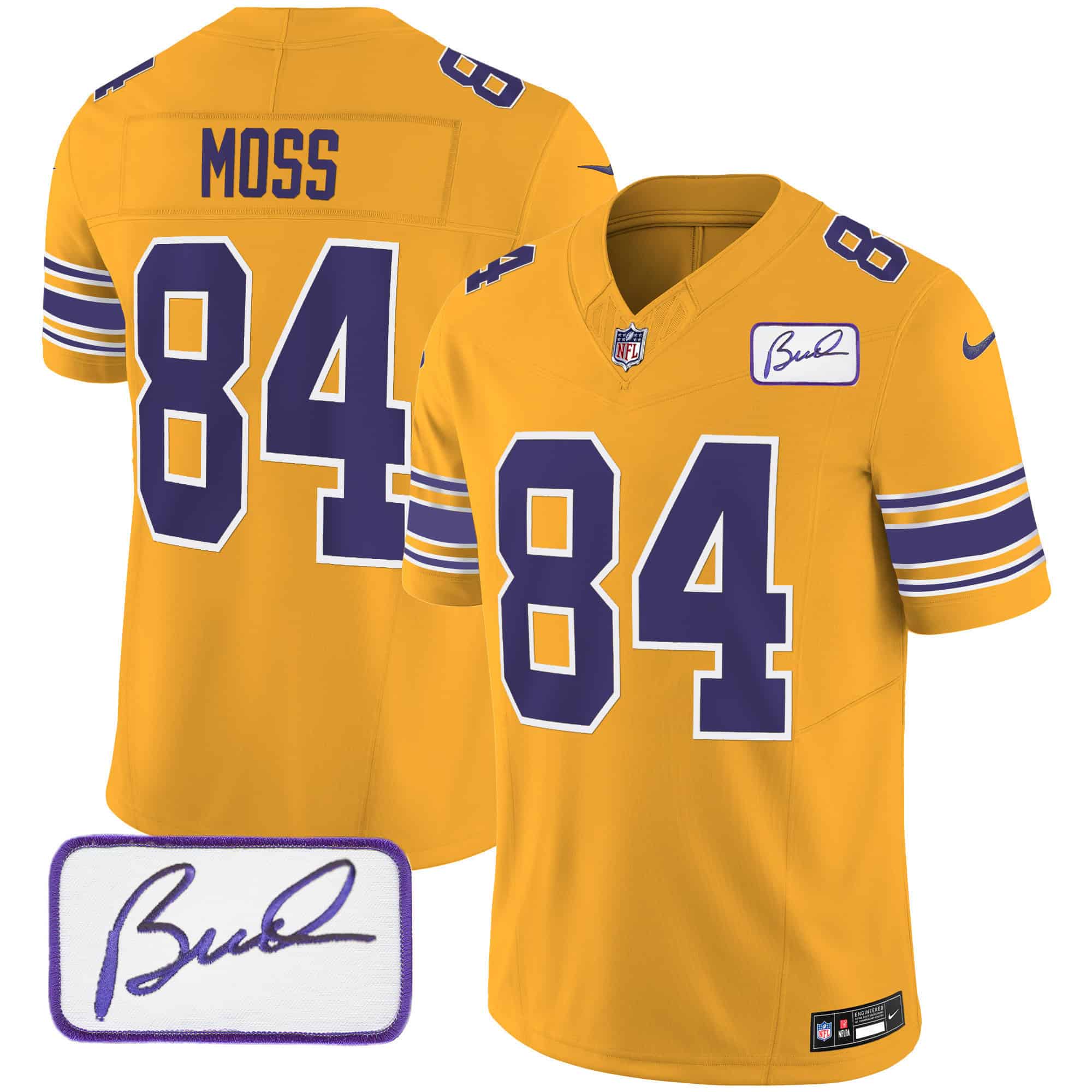 Men’s Vikings Bud Grant Patch Classic Limited Jersey – All Stitched – Gold – Randy Moss