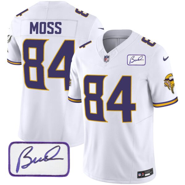 Men’s Vikings Bud Grant Patch Classic Limited Jersey V4 – All Stitched – White – Randy Moss