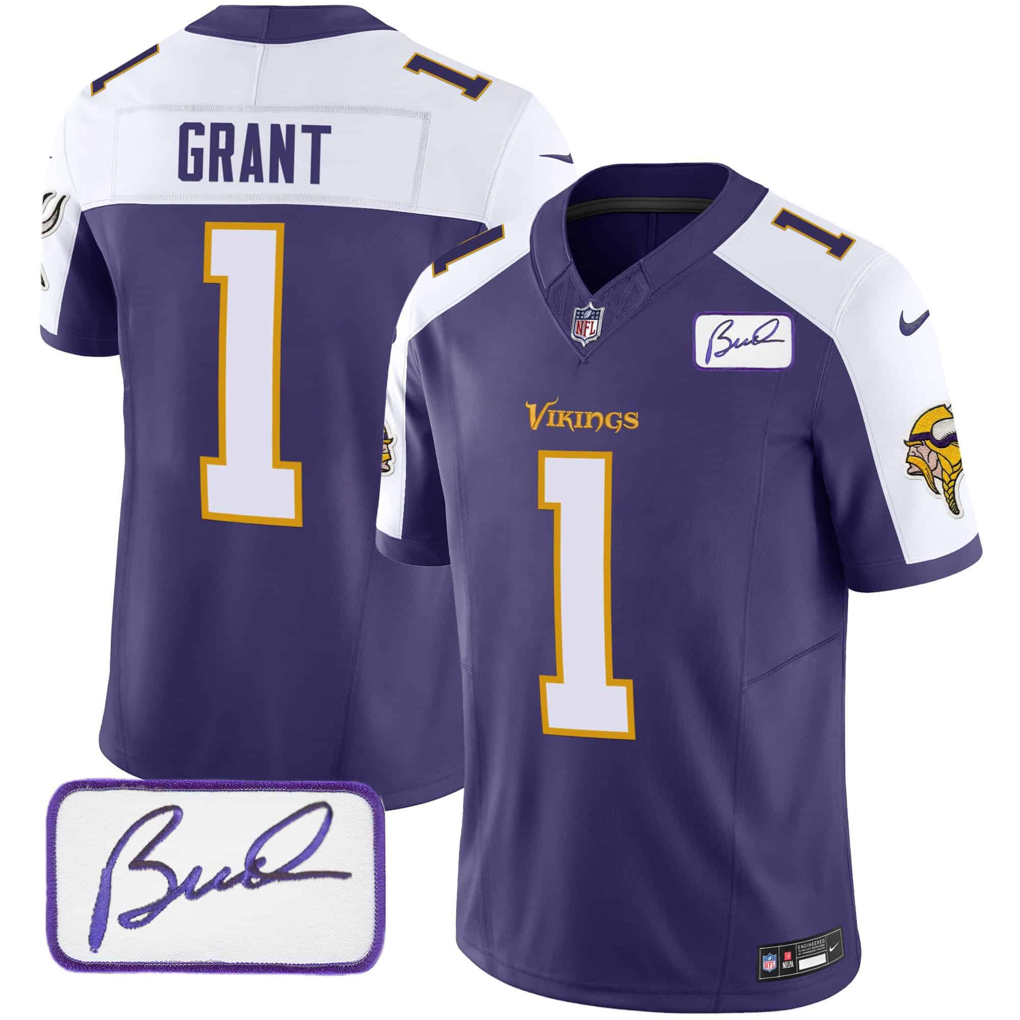 Men’s Vikings Bud Grant Patch Classic Limited Jersey V6 – All Stitched – Purple Alternate – Bud Grant