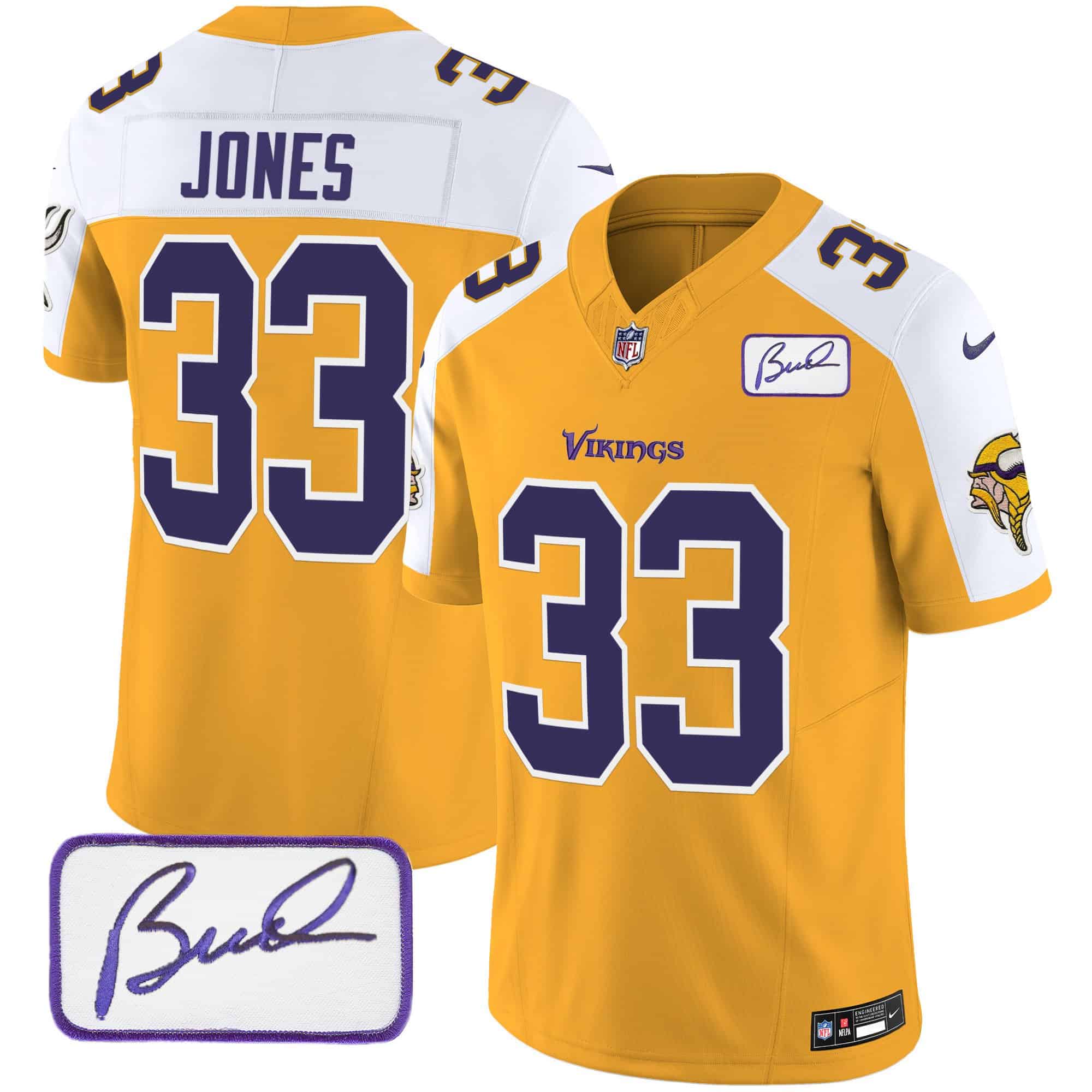 Men’s Vikings Bud Grant Patch Classic Limited Jersey V6 – All Stitched – Gold Alternate – Aaron Jones
