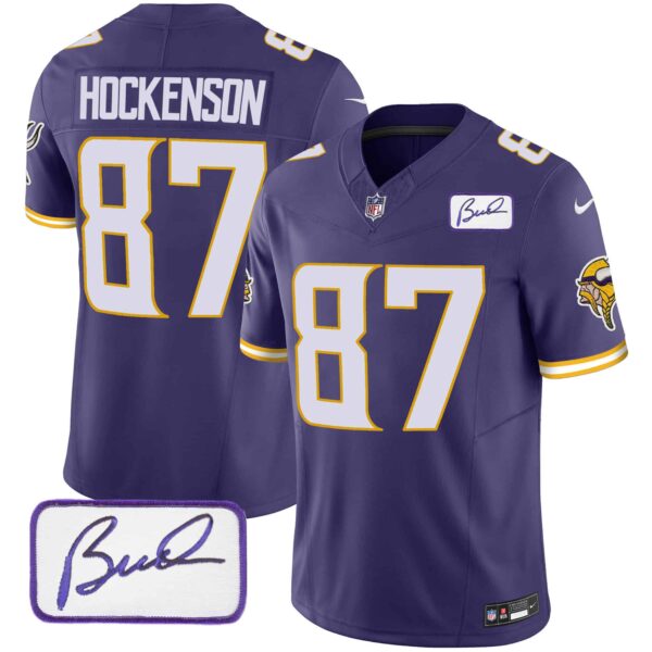Men’s Vikings Bud Grant Patch Classic Limited Jersey V4 – All Stitched – Purple – T.J. Hockenson
