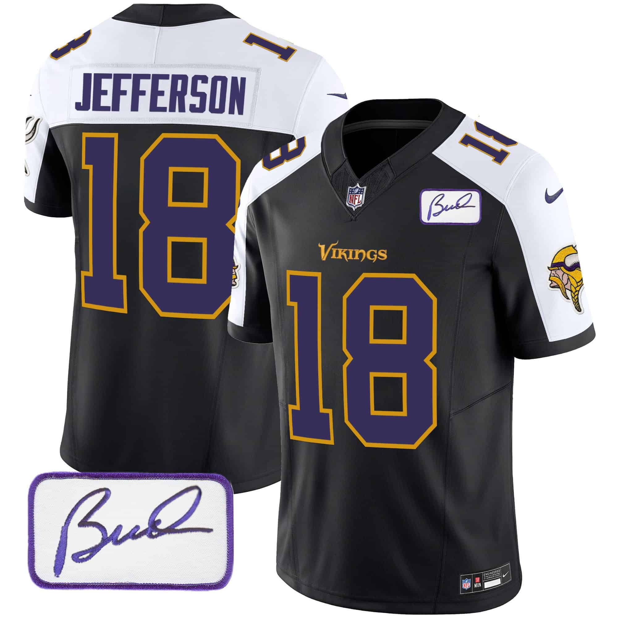 Men’s Vikings Bud Grant Patch Classic Limited Jersey V6 – All Stitched – Black Alternate – Justin Jefferson