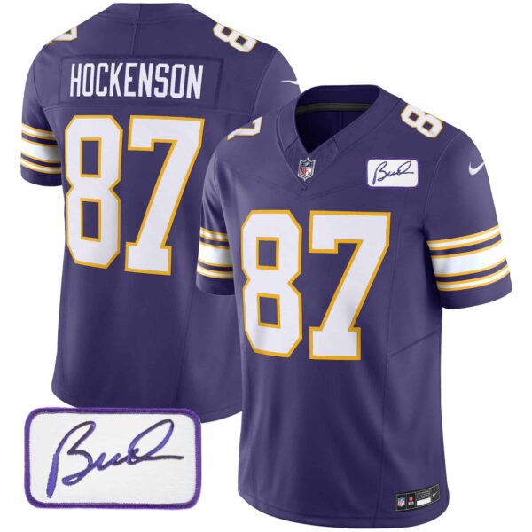 Men’s Vikings Bud Grant Patch Classic Limited Jersey – All Stitched – Purple – T.J. Hockenson