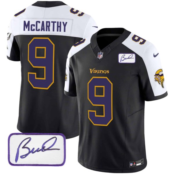 Men’s Vikings Bud Grant Patch Classic Limited Jersey V6 – All Stitched – Black Alternate – J.J. McCarthy