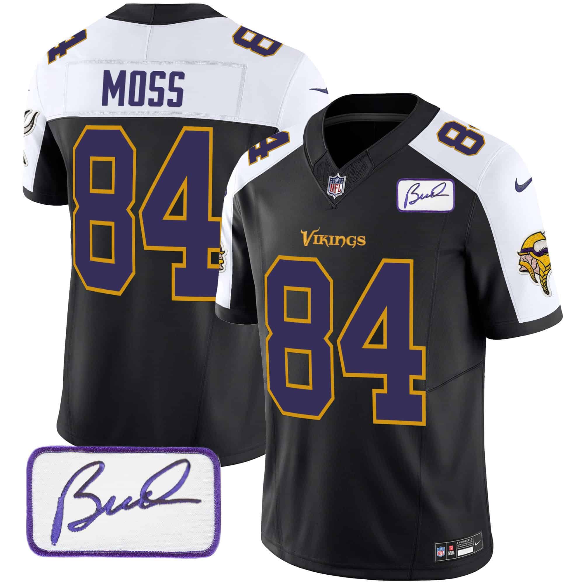 Men’s Vikings Bud Grant Patch Classic Limited Jersey V6 – All Stitched – Black Alternate – Randy Moss