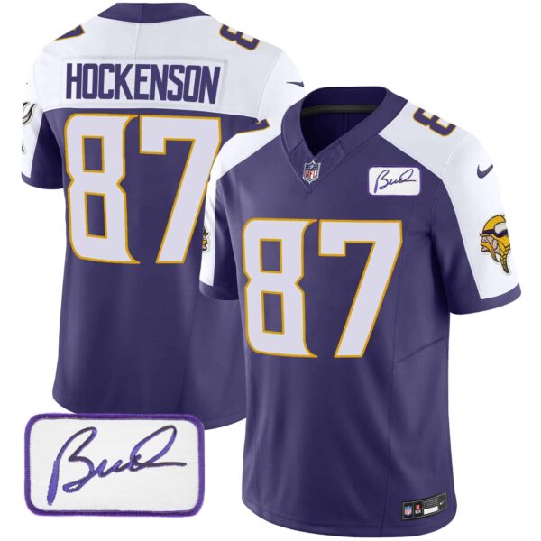 Men’s Vikings Bud Grant Patch Classic Limited Jersey V4 – All Stitched – Purple Alternate – T.J. Hockenson
