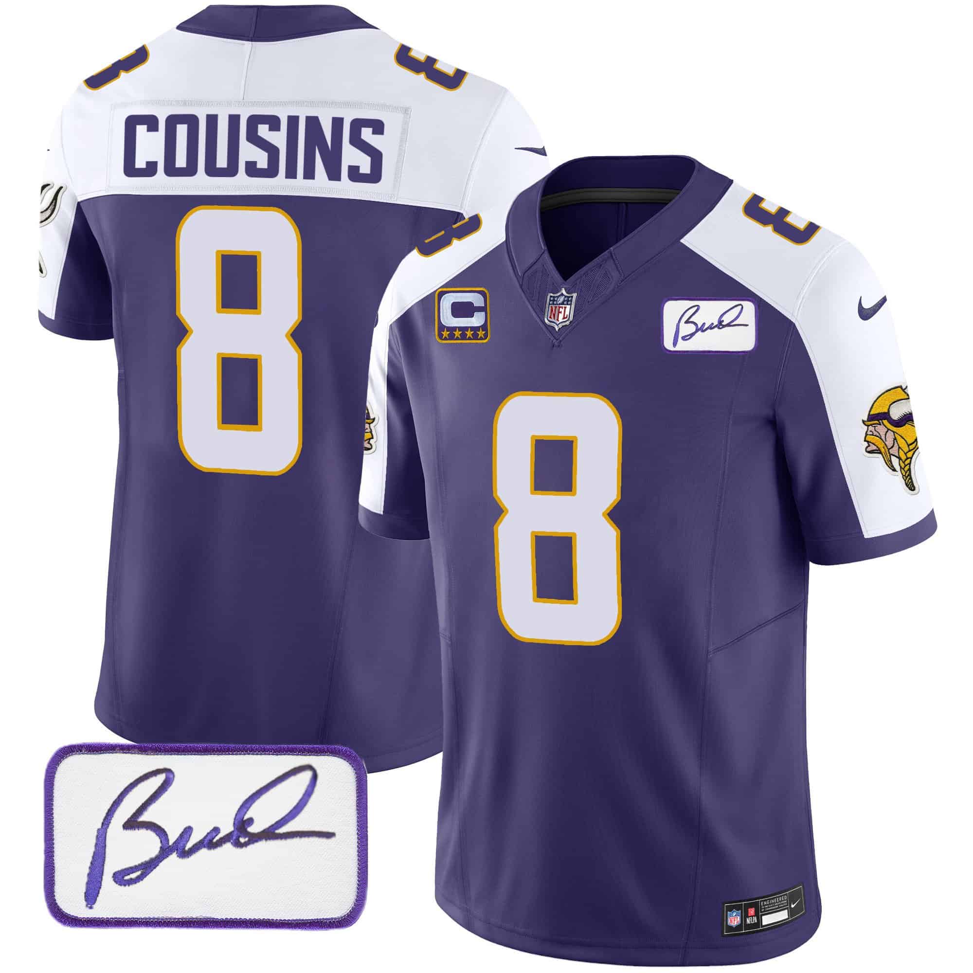 Men’s Vikings Bud Grant Patch Classic Limited Jersey V4 – All Stitched – Purple Alternate – Kirk Cousins