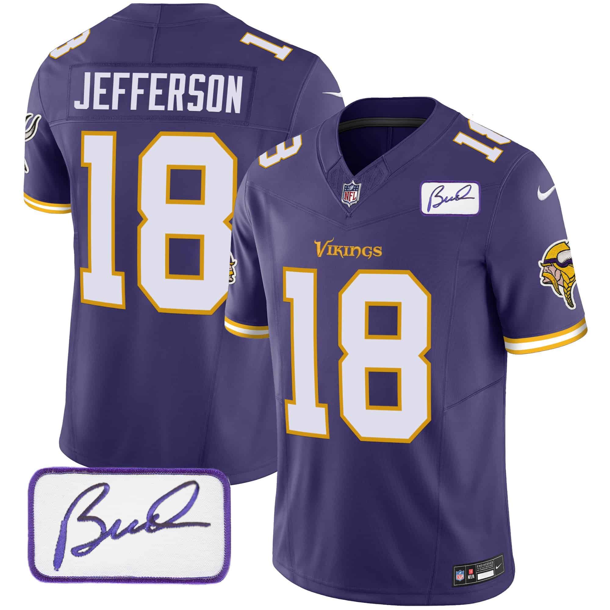 Men’s Vikings Bud Grant Patch Classic Limited Jersey V6 – All Stitched – Purple – Justin Jefferson