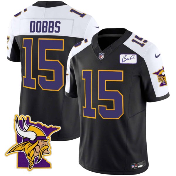 Men’s Vikings Bud Grant Patch Classic Limited Jersey V5 – All Stitched – Black Alternate – Joshua Dobbs