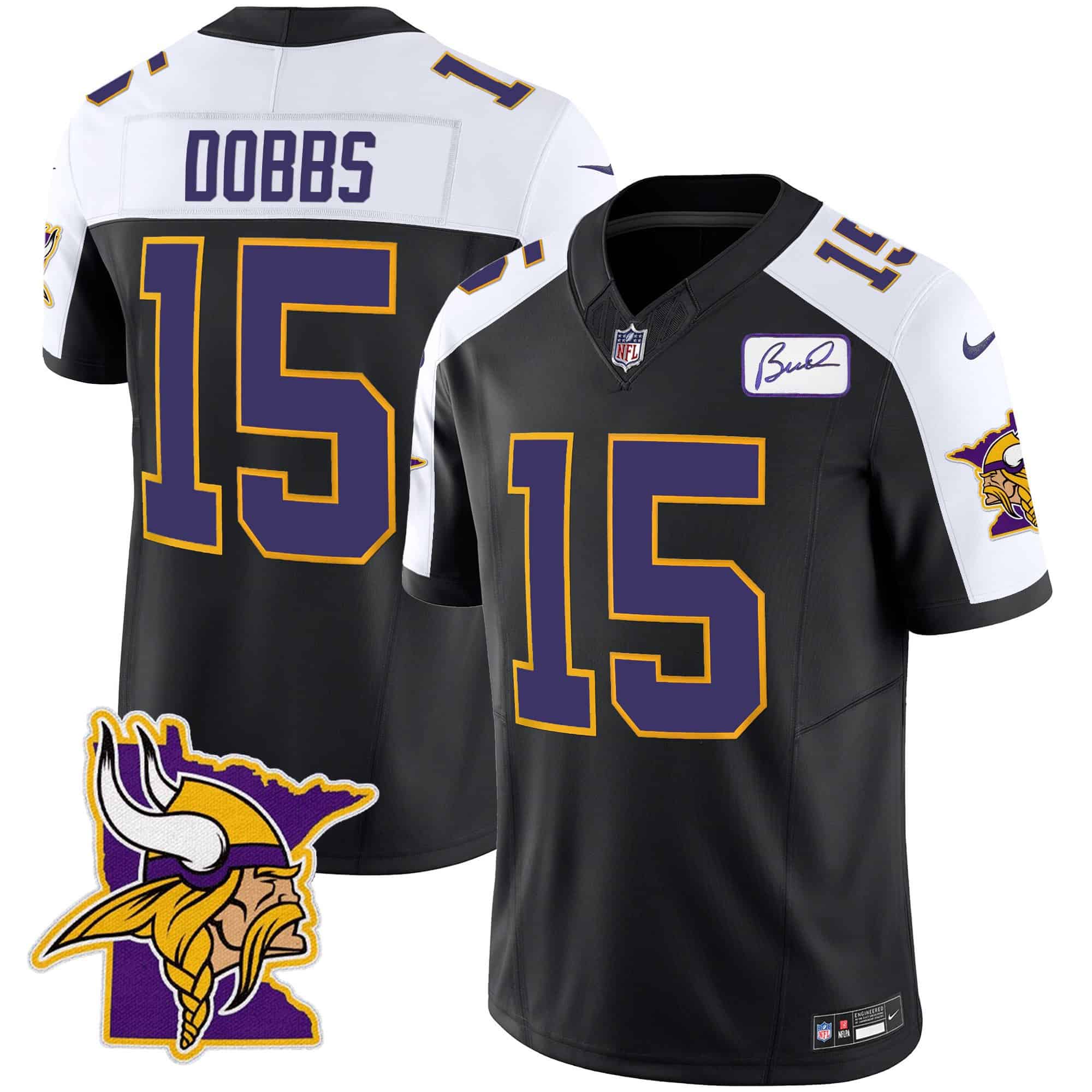 Men’s Vikings Bud Grant Patch Classic Limited Jersey V5 – All Stitched – Black Alternate – Joshua Dobbs