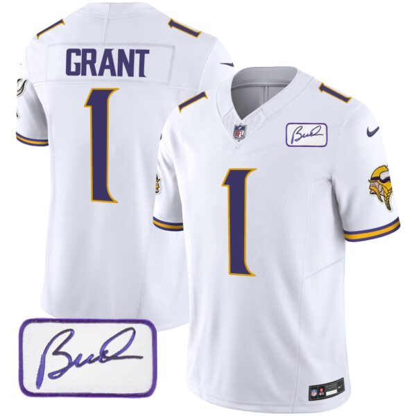 Men’s Vikings Bud Grant Patch Classic Limited Jersey V4 – All Stitched – White – Bud Grant