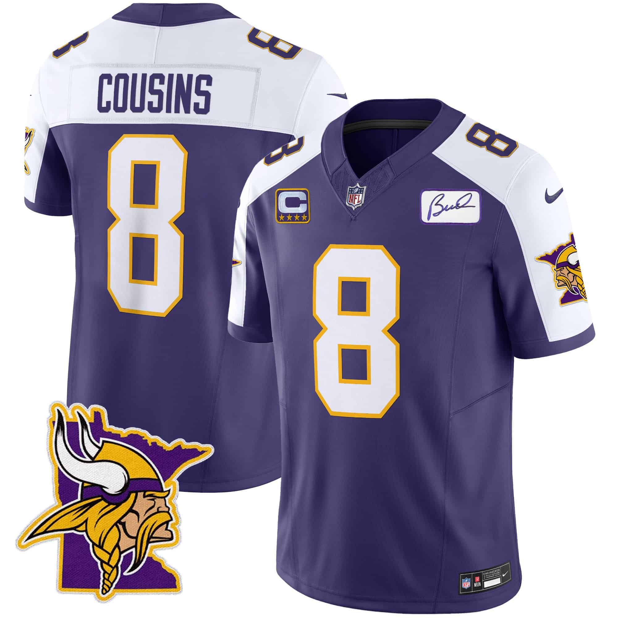 Men’s Vikings Bud Grant Patch Classic Limited Jersey V5 – All Stitched – Purple Alternate – Kirk Cousins