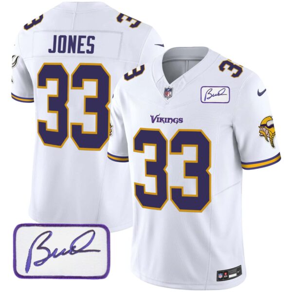 Men’s Vikings Bud Grant Patch Classic Limited Jersey V6 – All Stitched – White – Aaron Jones