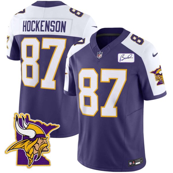 Men’s Vikings Bud Grant Patch Classic Limited Jersey V5 – All Stitched – Purple Alternate – T.J. Hockenson