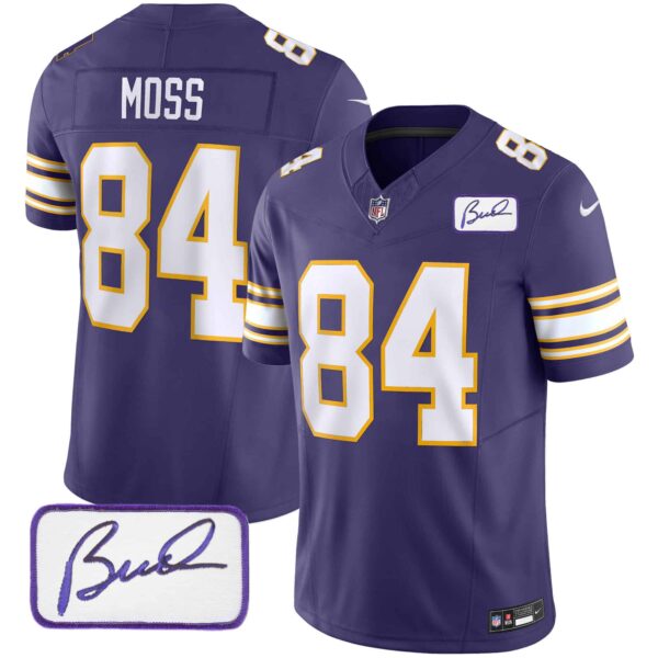 Men’s Vikings Bud Grant Patch Classic Limited Jersey – All Stitched – Purple – Randy Moss
