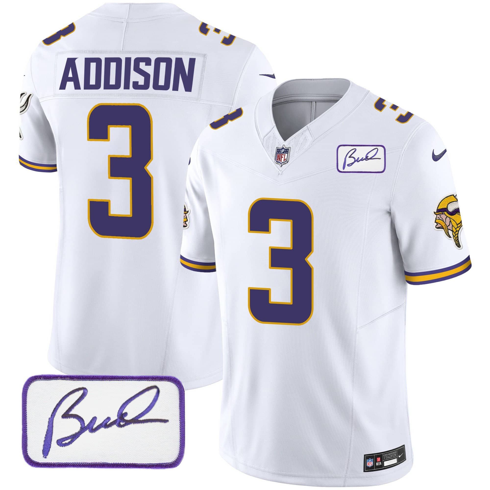 Men’s Vikings Bud Grant Patch Classic Limited Jersey V4 – All Stitched – White – Jordan Addison