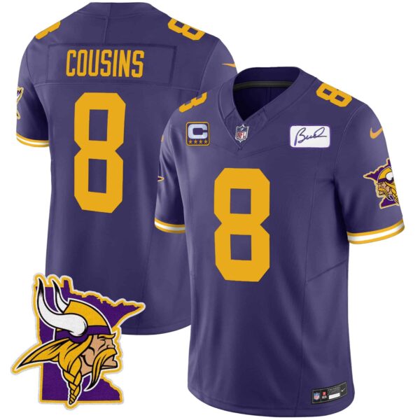 Men’s Vikings Bud Grant Patch Classic Limited Jersey V5 – All Stitched – Color Rush – Kirk Cousins
