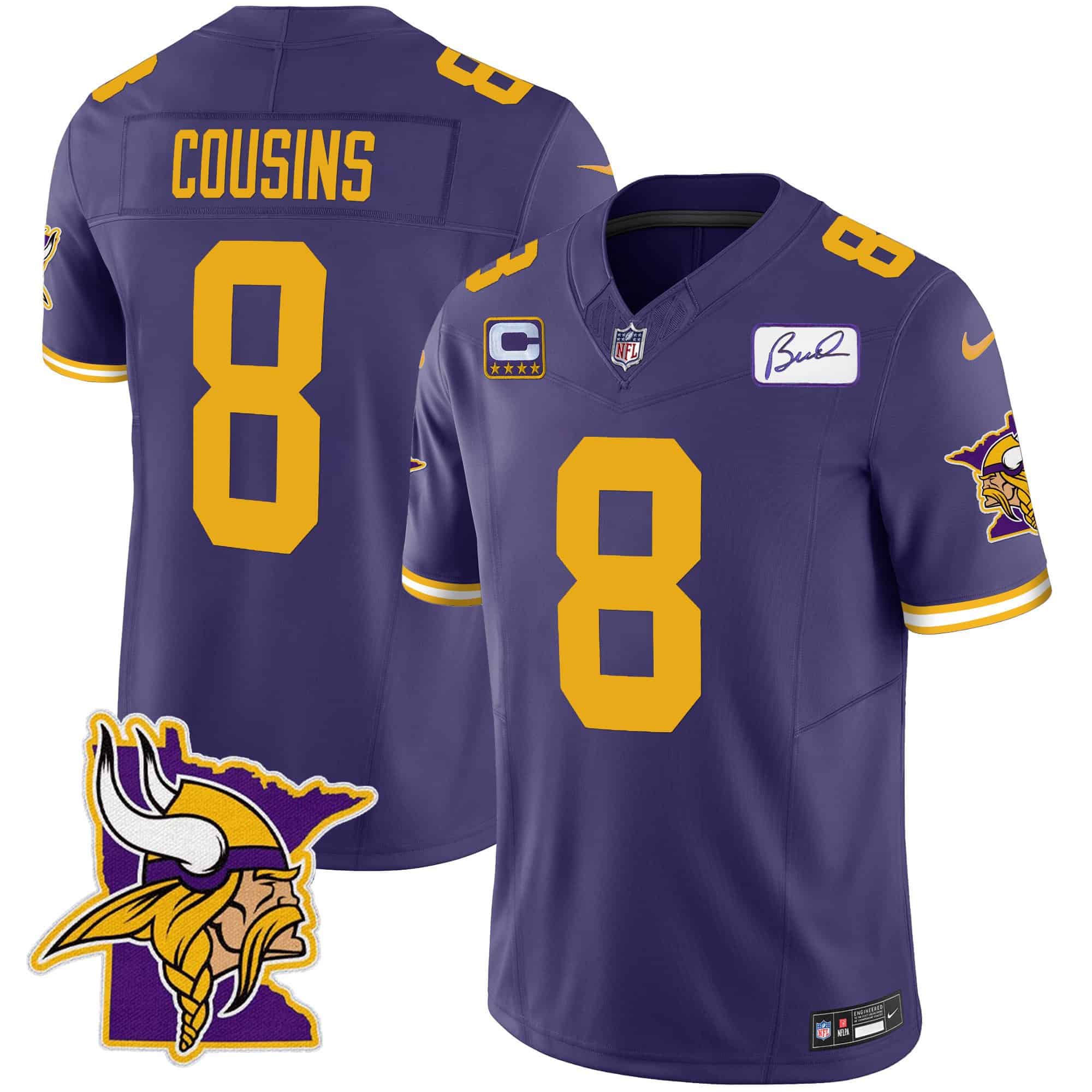 Men’s Vikings Bud Grant Patch Classic Limited Jersey V5 – All Stitched – Color Rush – Kirk Cousins