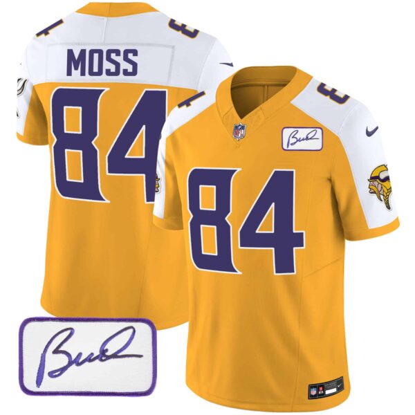 Men’s Vikings Bud Grant Patch Classic Limited Jersey V4 – All Stitched – Gold Alternate – Randy Moss